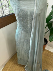 Dusty Sea Green Suit Set with Lucknowi Handwork in Pure Mul Cotton