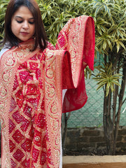 Handwoven Bareek Bandhani dupatta with Dabka Handwork in Pure Gajji silk
