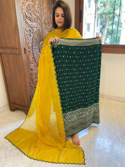 Bottle Green Handwoven Kadwa Banarasi with Hand Bandhani Suit Set in Pure Silk