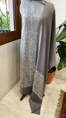 Lite Grey Winter Suit Set with Aari Work in Pashmina Wool