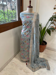 Ice Blue Suit Set with Thread Embroidery in Mul Cotton