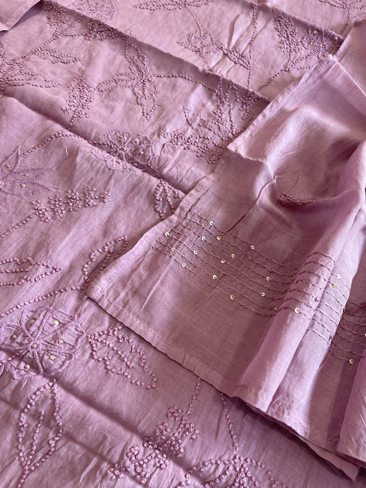 Purple Mul chanderi Suit Set With Knot & Sequin Handwork