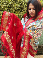 Ivory Handwoven Ikat Patola with Gotapatti & Pearl Handwork dupatta in Pure Silk