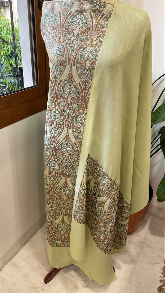 Pista Green Winter Suit Set with Aari Work in Pashmina Wool