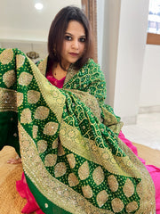 Green Handwoven NeemZari Bareek Bandhani with Meenakari and Dabka Handwork in Pure Georgette