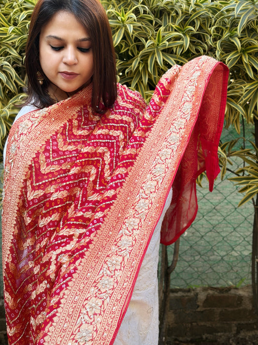 Handwoven Bareek Bandhani dupatta with Dabka Handwork in Pure Gajji silk