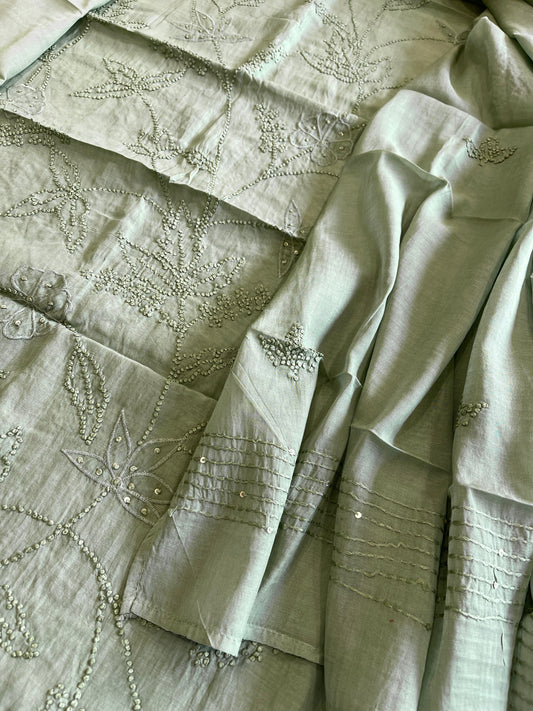 Dusty Green Mul chanderi Suit Set With Knot & Sequin Handwork