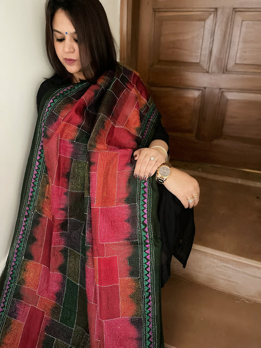 Red, Green Handmade Kantha Dupatta in Silk