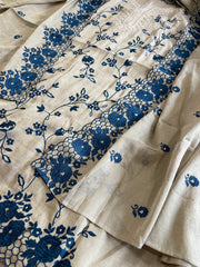 Gold, Blue Suit Set with Thread Embroidery and Pitta Work in Tissue Chanderi