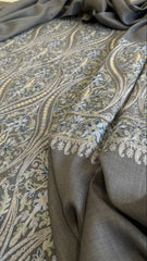 Lite Grey Winter Suit Set with Aari Work in Pashmina Wool