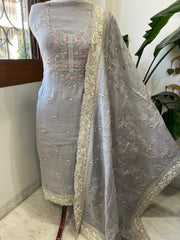 Grey Suit Set with Mirror Work in Pure Cotton