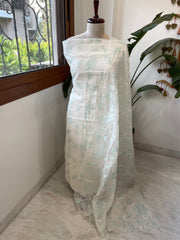 Off white, Sea green Applique Jaal Dupatta Suit Set in Chanderi