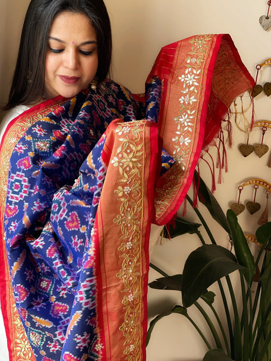 Handwoven Ikat Patola with Gotapatti & Pearl Handwork dupatta in Pure Silk