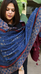 Blue Ajrakh Handblock Printed Silk-Woollen Shawl