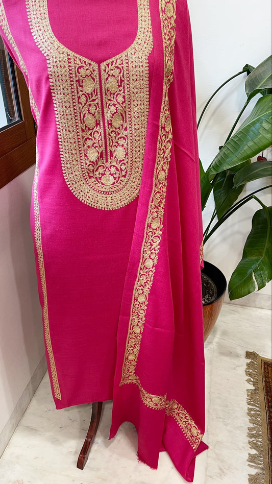 Hot Pink Winter Suit Set with Aari Work in Pashmina Wool