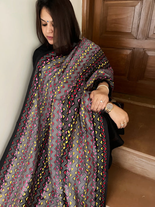 Grey, Black Handmade Kantha Dupatta in Silk