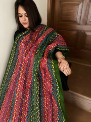 Green, Red Handmade Kantha Dupatta in Silk