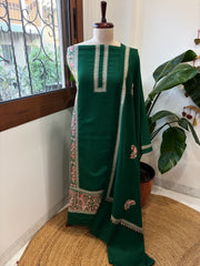 Green Winter Suit Set with Aari Work in Pashmina Wool