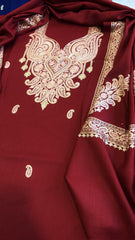 Crimson Red Winter Suit Set with Aari Work in Pashmina Wool