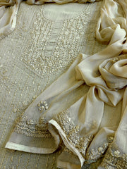 Yellowish Beige Suit Set with Lucknowi Handwork in Pure Mul Cotton