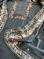 Teal Blue Suit Set with Thread Handwork and Parsi Gara Dupatta in Mul Cotton