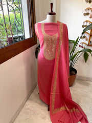 Peachish Pink Winter Suit Set with Aari Work in Pashmina Wool