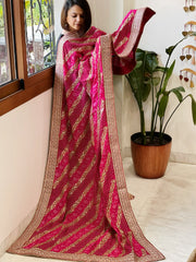 Pink Printed Bandhej Dupatta in Chinon with Gold Thread and Sequin Work