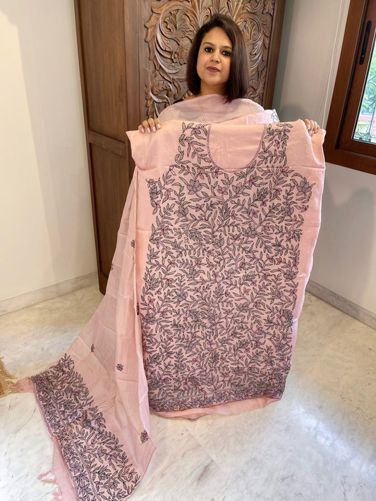 Lite Peach Suit Set with Kantha Handwork in Pure Tussar Silk