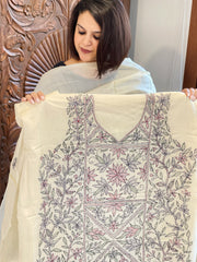 Ivory Suit Set with Kantha Handwork in Pure Tussar Silk