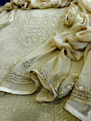 Yellowish Beige Suit Set with Lucknowi Handwork in Pure Mul Cotton