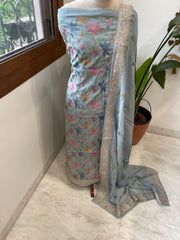 Ice Blue Suit Set with Thread Embroidery in Mul Cotton