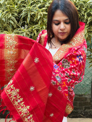 Red Handwoven Ikat Patola with Gotapatti & Pearl Handwork dupatta in Pure Silk
