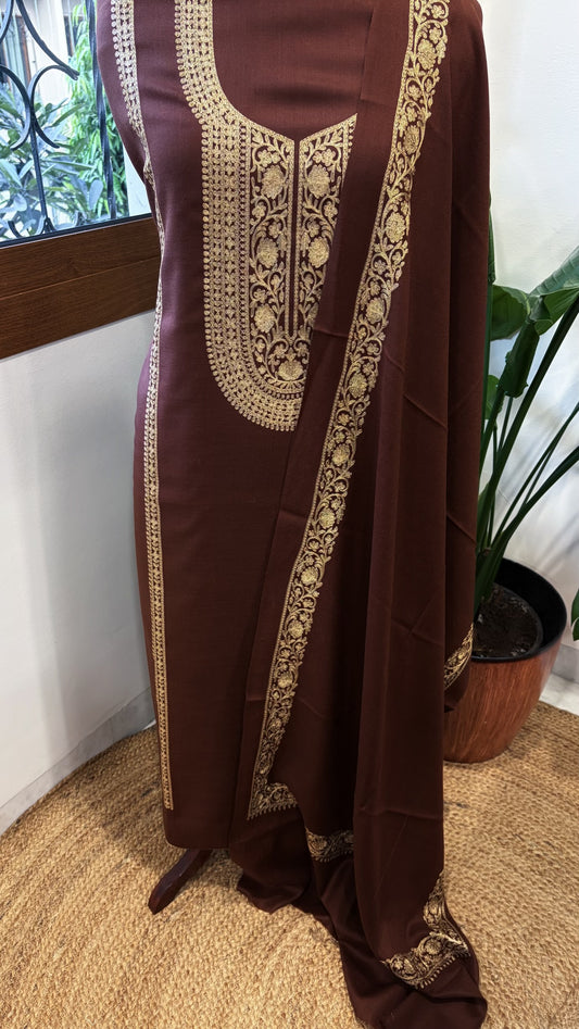 Chocolate Brown Winter Suit Set with Aari Work in Pashmina Wool