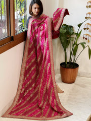 Pink Printed Bandhej Dupatta in Chinon with Gold Thread and Sequin Work