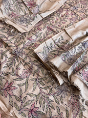 Lite Brown Suit Set with Kantha Handwork in Pure Tussar Silk