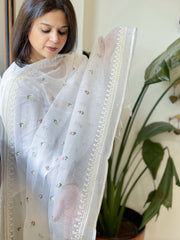 White Kota Cotton Dupatta with Thread Embroidery