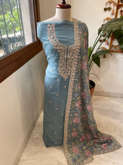 Blue Suit Set with Thread Embroidery and Pitta Work in Georgette