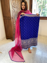 Royal Blue Handwoven Kadwa Banarasi with Hand Bandhani Suit Set in Pure Silk