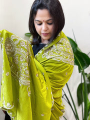 Parrot Green Crepe Dupatta with Pearl, Cut Daana, Gold Thread & Sequin Embroidery