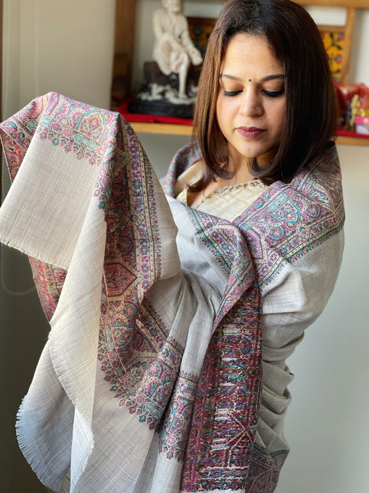 Grey Woven Pashmina Shawl with Kaani Zari Border
