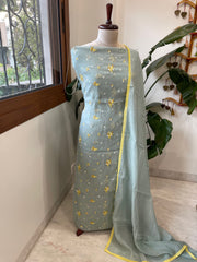 Greenish Grey Suit Set with Thread Embroidery in Pure Mul