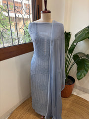 Powder Blue Suit Set with Lucknowi Handwork in Pure Mul Cotton