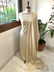 Cream Winter Suit Set with Aari Work in Pashmina Wool