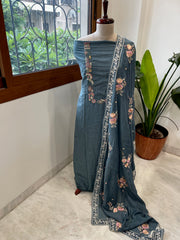 Teal Blue Suit Set with Thread Handwork and Parsi Gara Dupatta in Mul Cotton