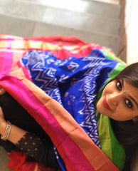 Blue Handwoven Ikat Dupatta in Pure Silk