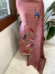 Antique Rose Suit Set with Thread Embroidery in Pure Mul Chanderi