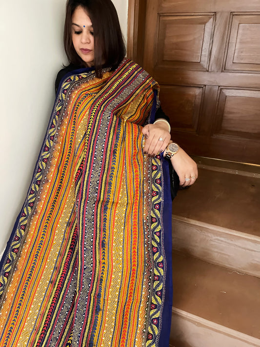 Blue, Yellow Handmade Kantha Dupatta in Silk
