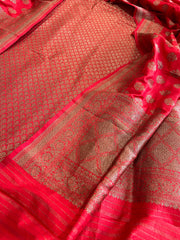 Red Designer Handwoven Kadwa Banarasi Suit Set in Pure Silk
