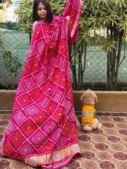 Pink Bandhani Dupatta with Gotapatti Handwork in Pure Silk