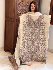 Lite Pinkish Brown Suit Set with Kantha Handwork in Pure Tussar Silk